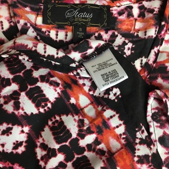 STATUS Blouse Top Black White Pink Orange Print, Small New without tags - Picture 5 of 7